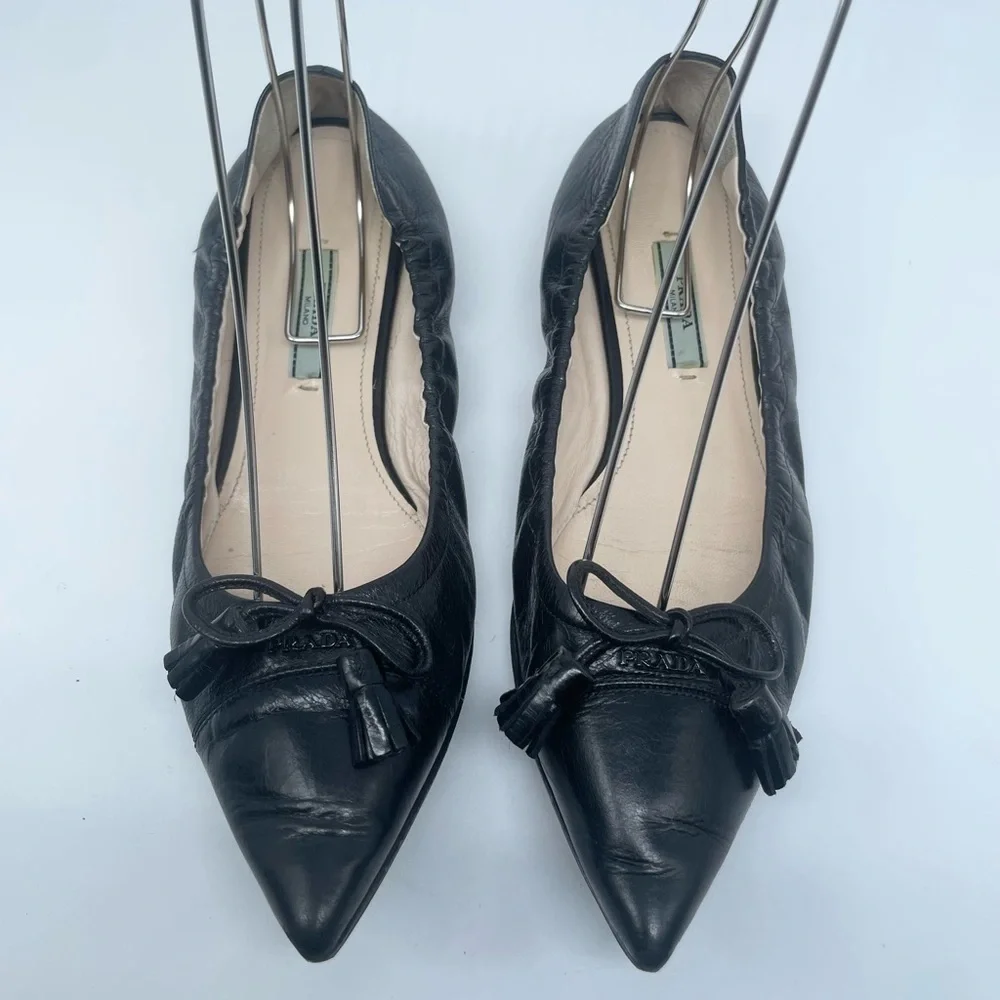 Prada Black Leather Cap toe logo embellish bow tie stretch ballerina flats EU 38